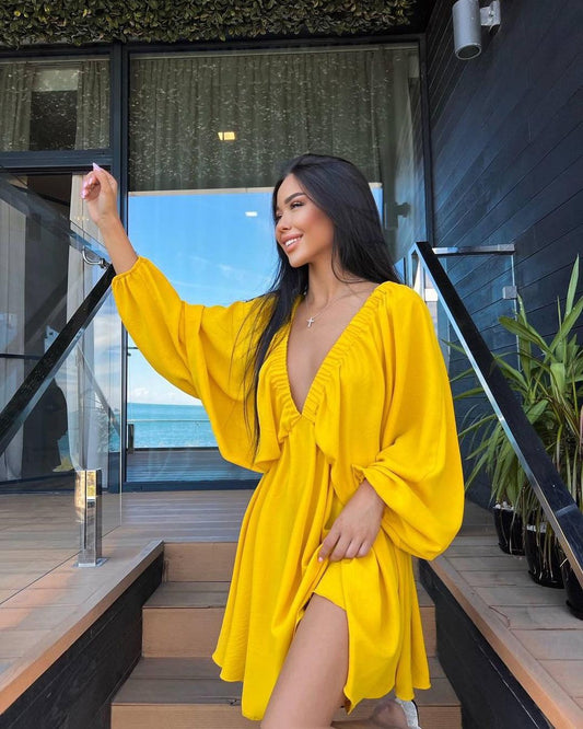 V-Neck Lantern Sleeve Dress – Women’s Loose-Fit Long Sleeve Fashion Dress