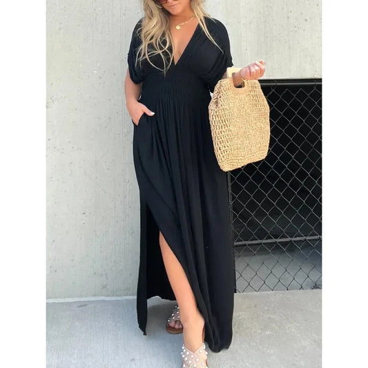 Batwing Sleeve V-Neck Maxi Dress – Women’s Summer Slit Dress with Elastic Waist