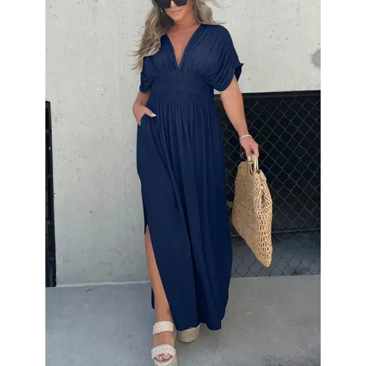 Batwing Sleeve V-Neck Maxi Dress – Women’s Summer Slit Dress with Elastic Waist